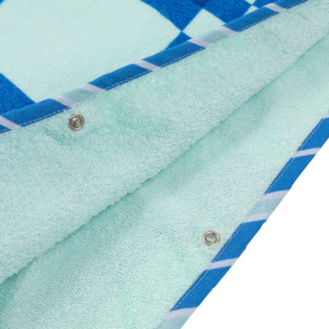 Close-up of a blue and green checkered fabric with a button.