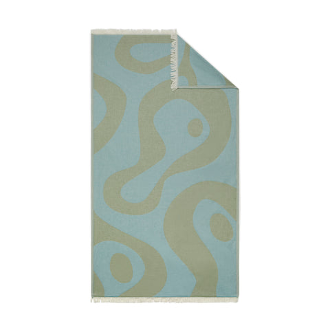 Laes Harbour Turkish Towel - Beach Towel - green/blue towel with abstract pattern on a white background - shop now
