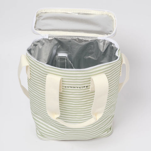 Sunnylife striped cool bag - sage and green - silver insulated interior - shop now