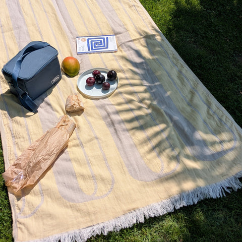 picnic set up on a yellow and beige patterned towel with a cooler, bread, fruit and a book