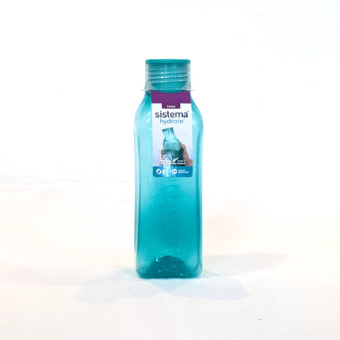 A blue Sistema brand plastic water bottle with a flip-top lid, displayed against a white background.