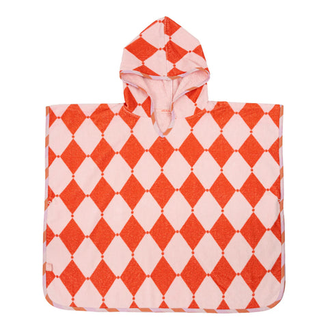 Hooded poncho with red and white diamond pattern on a white background