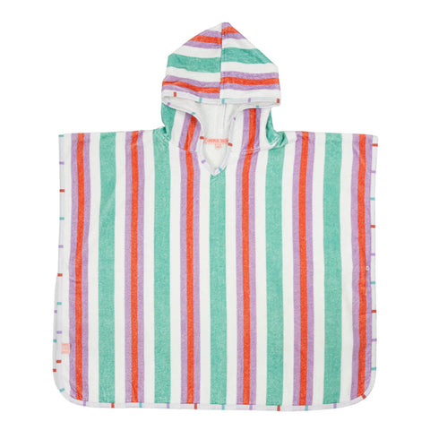 Striped hooded poncho with colorful stripes on a white background