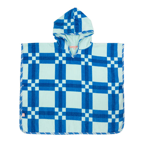 Blue and white checkered hooded poncho on a white background