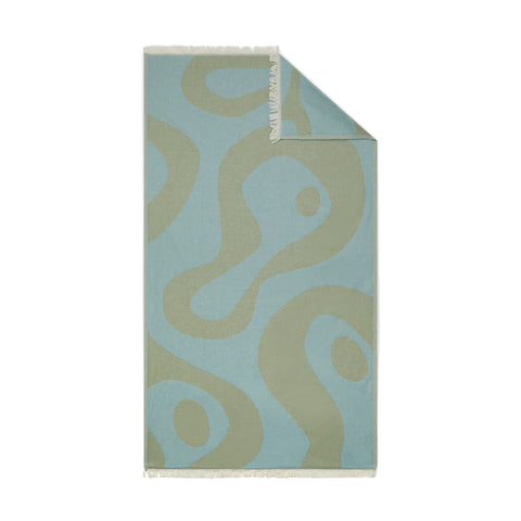 Laes Harbour Turkish Towel - Beach Towel - green/blue towel with abstract pattern on a white background - shop now