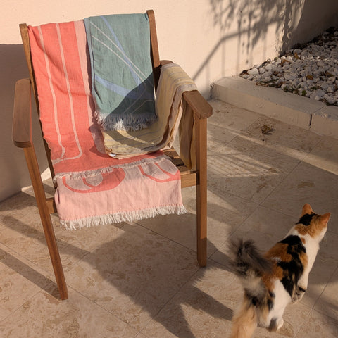 Wooden chair with colorful towels draped over it, and a cat walking nearby.