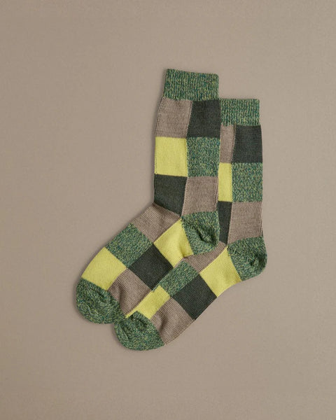 Fine Merino Wool Socks - Citrus Green Patchwork