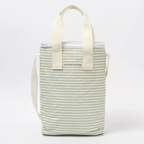 Green striped cooler bag with 'Sunnylife' branding on a white background
