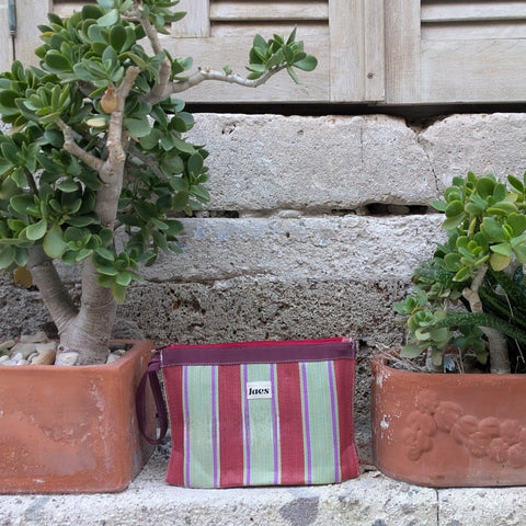 A striped 'laes' branded pouch in between two potted plants on a stone ledge.