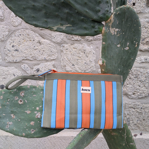 Striped pouch with a 'laes' brand label on a cactus plant against a stone wall.